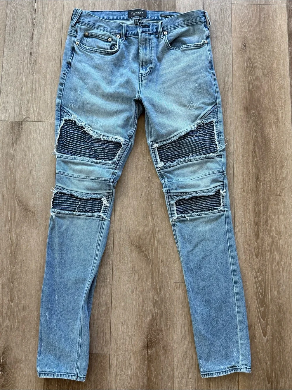 Men's Stacked light blue Skinny Motto Biker Jeans with Ribbed Knee Panels 34x32